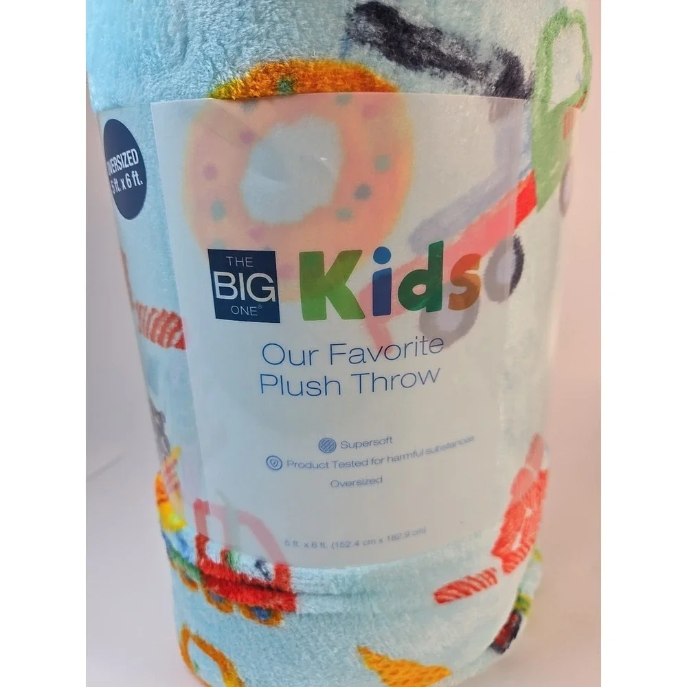 The Big One Kids Construction Trucks Blue Supersoft Plush Throw 5'‎ X 6' *New*